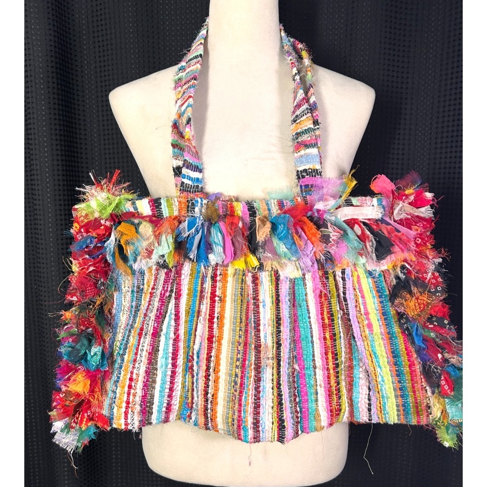 Vintage Silk & Polyester Handmade Woman Tote Boho Shoulder Hand Bag Beach Bag - Picture 2 of 5